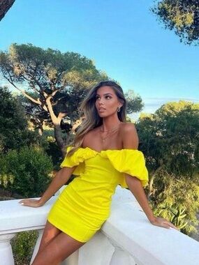 Zara Bright Yellow Off-Shoulder Ruffle Mini Dress